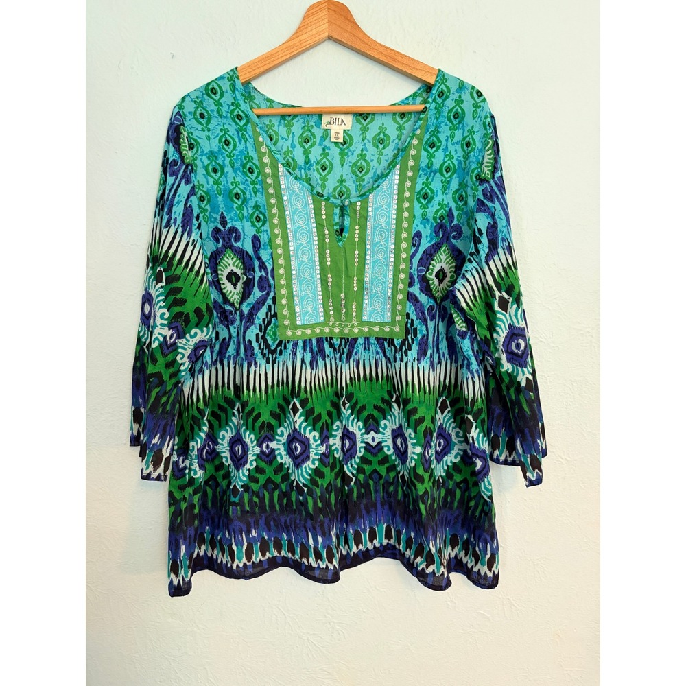 BILA 1X Blue Green Boho Embroidered Tunic Top Cotton Peasant Blouse Resortwear